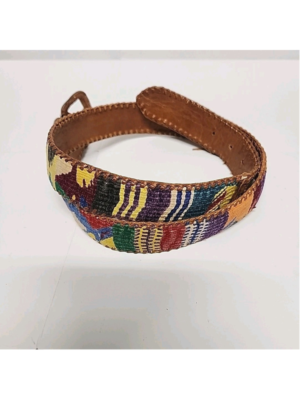 VTG Colorful Guatemalan Hand Woven Embroidered Leather Boho Belt Size 34
